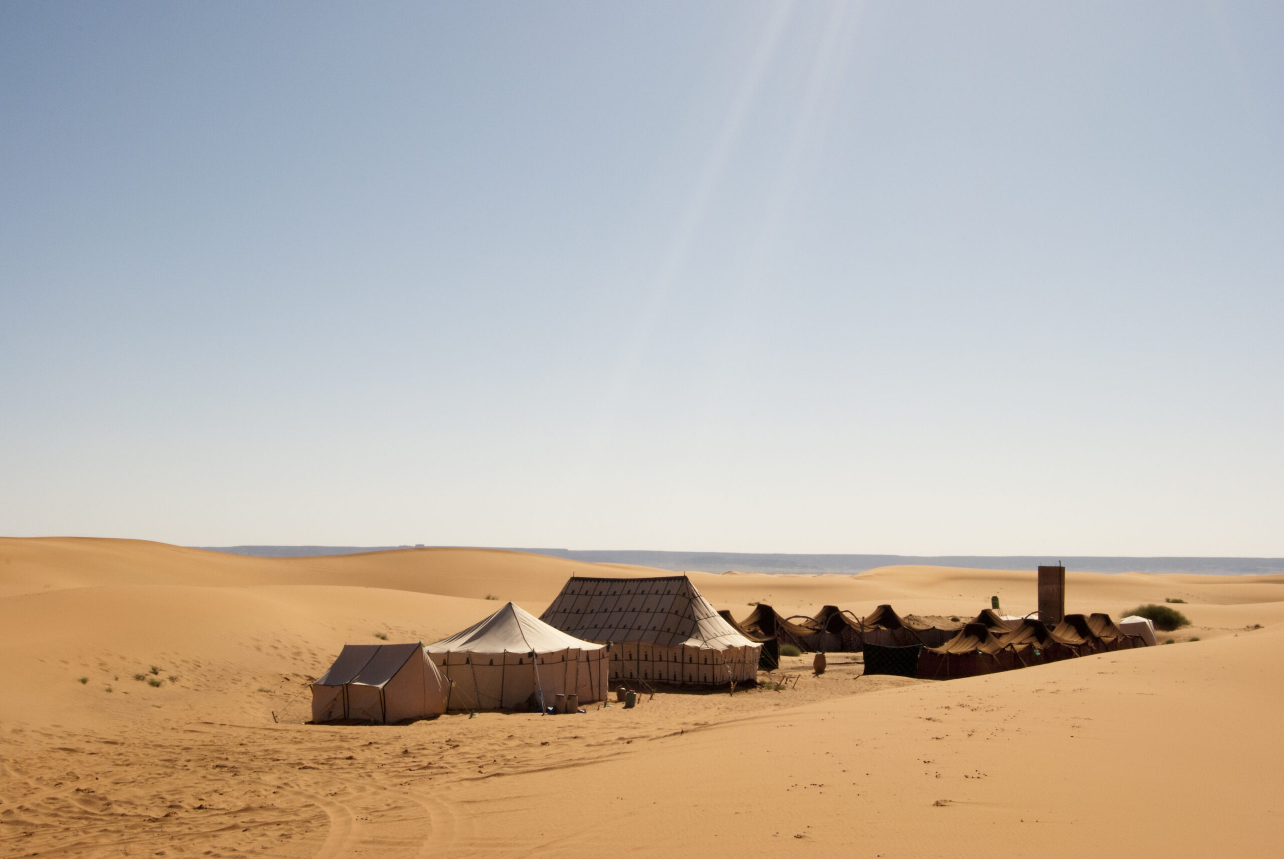 A beautiful view of desert tents in Haimas, Arab under clear sky