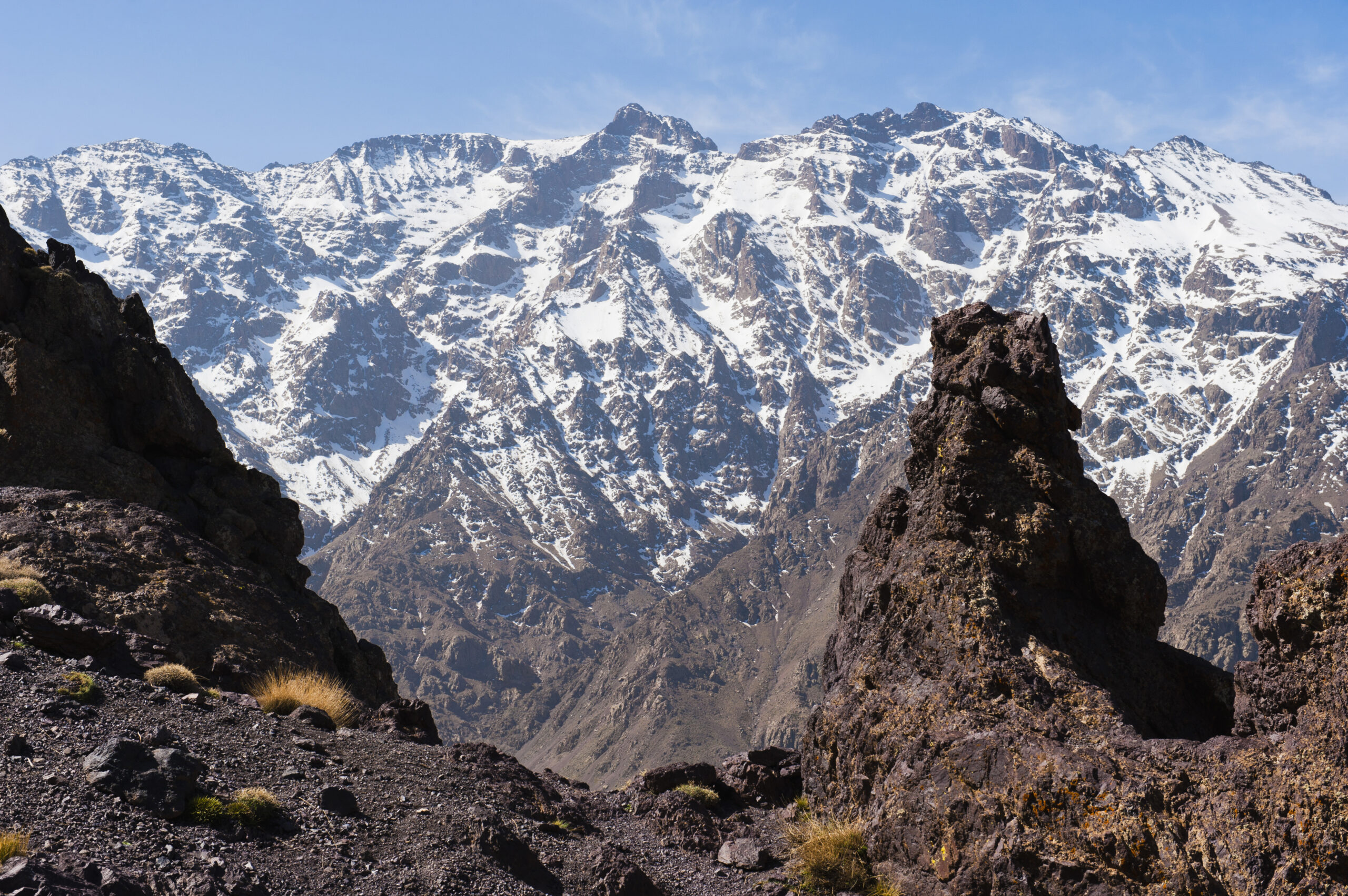 High Atlas mountain scenery on the walk between Oukaimeden ski resort and Tacheddirt, High Atlas Mou
